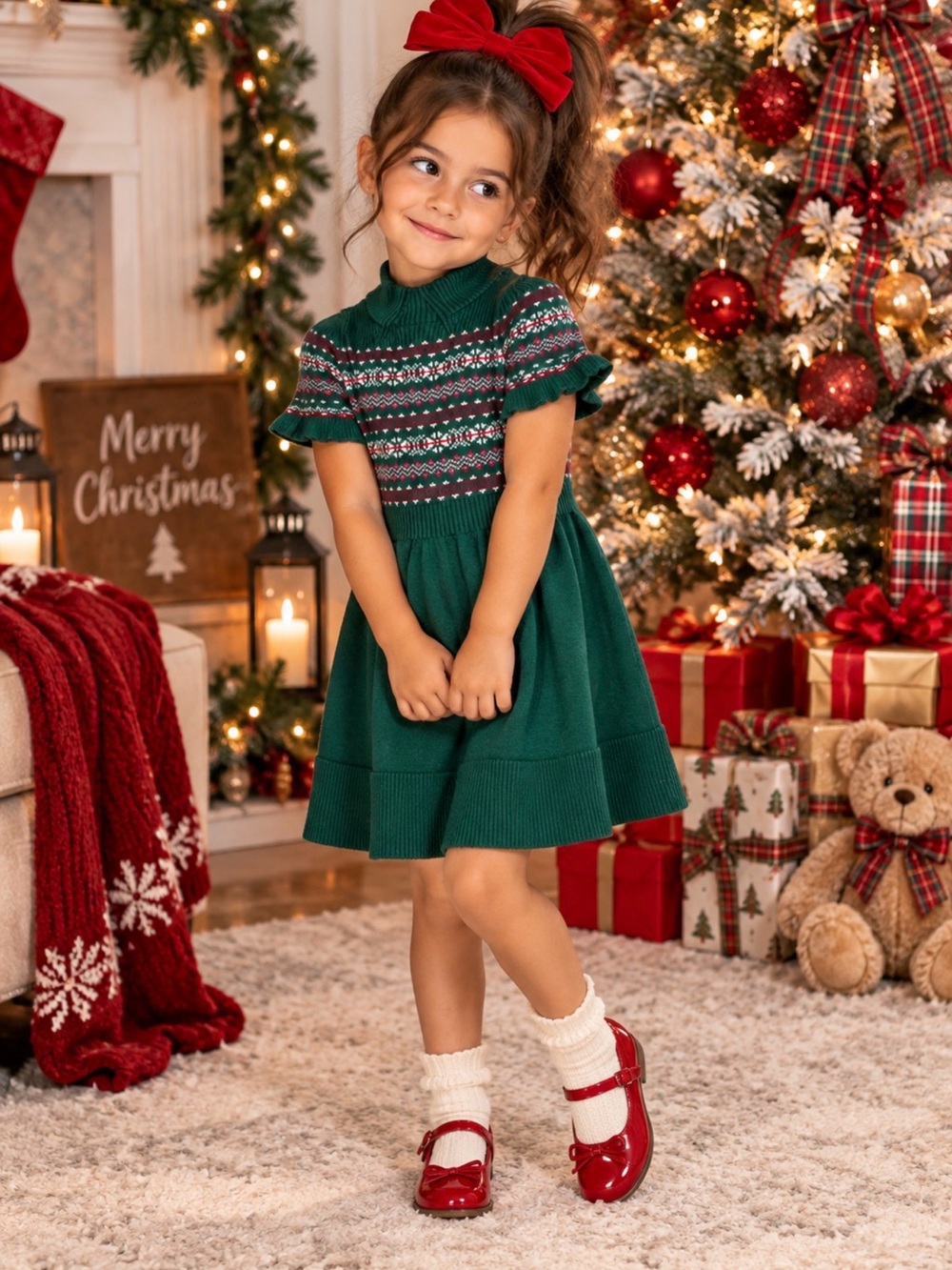 Girls' Emerald Green Fair Isle Knit Dress